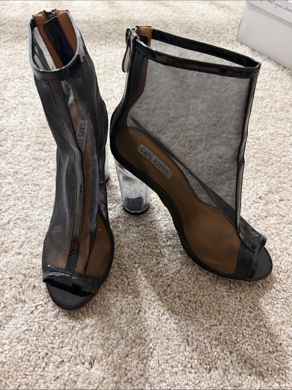 Cape Robbin Black Mesh Peep-Toe Booties with Clear Block Heel